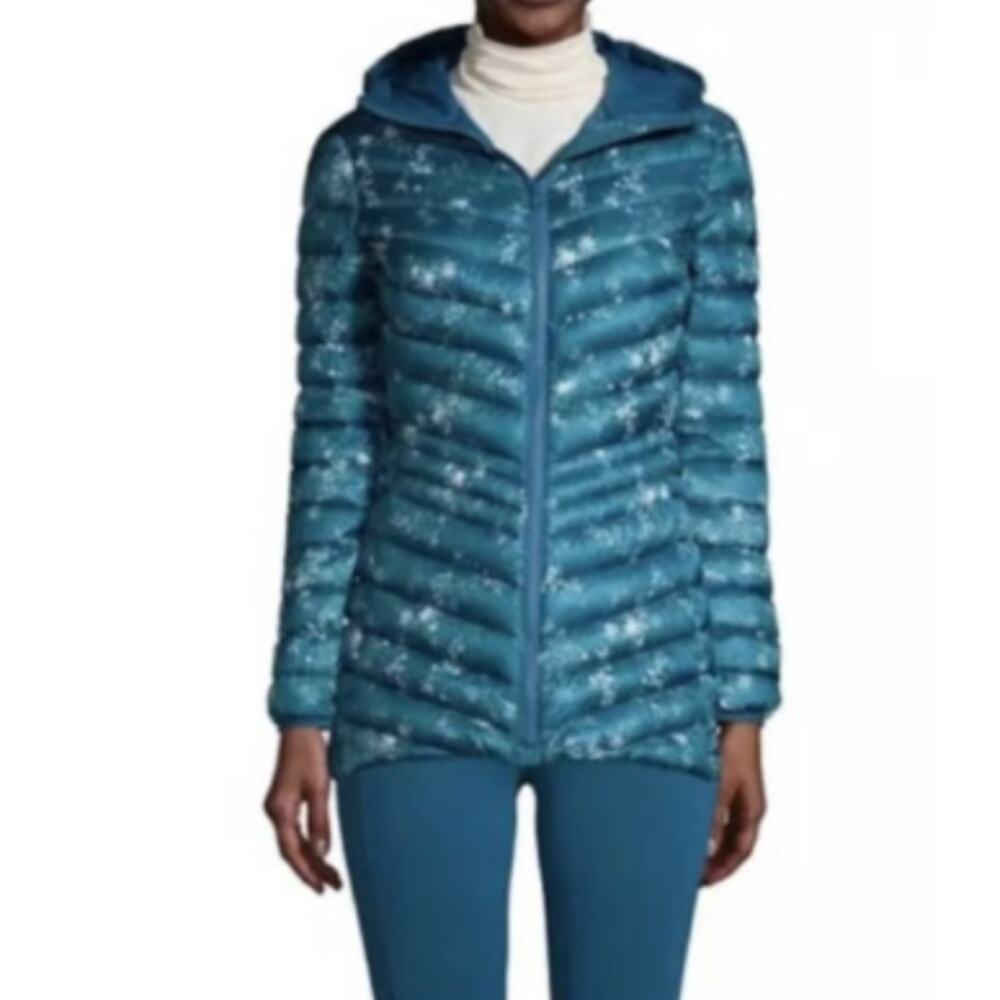 Lands' End Jacket Size Small Wanderweight Packable Hooded Teal Abstract Print